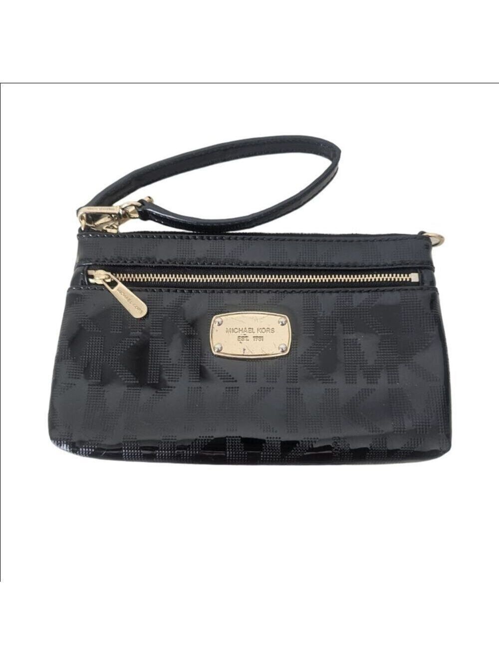 Michael Kors Black Patent Leather Signature Logo Double Zip Wristlet